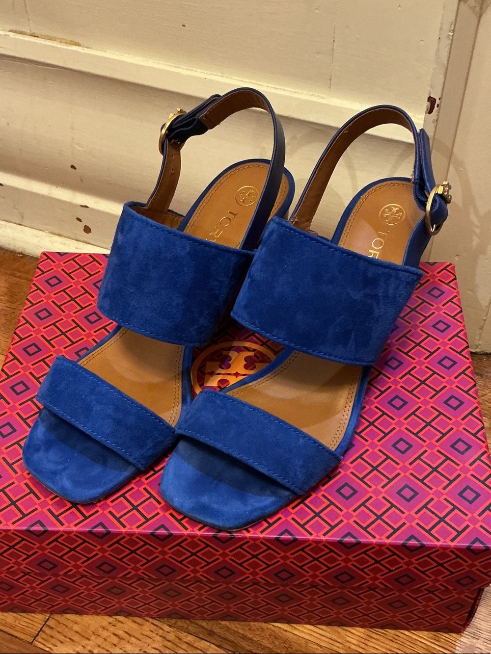 Tory Burch Royal Blue Suede Slingback Block Heel Sandals